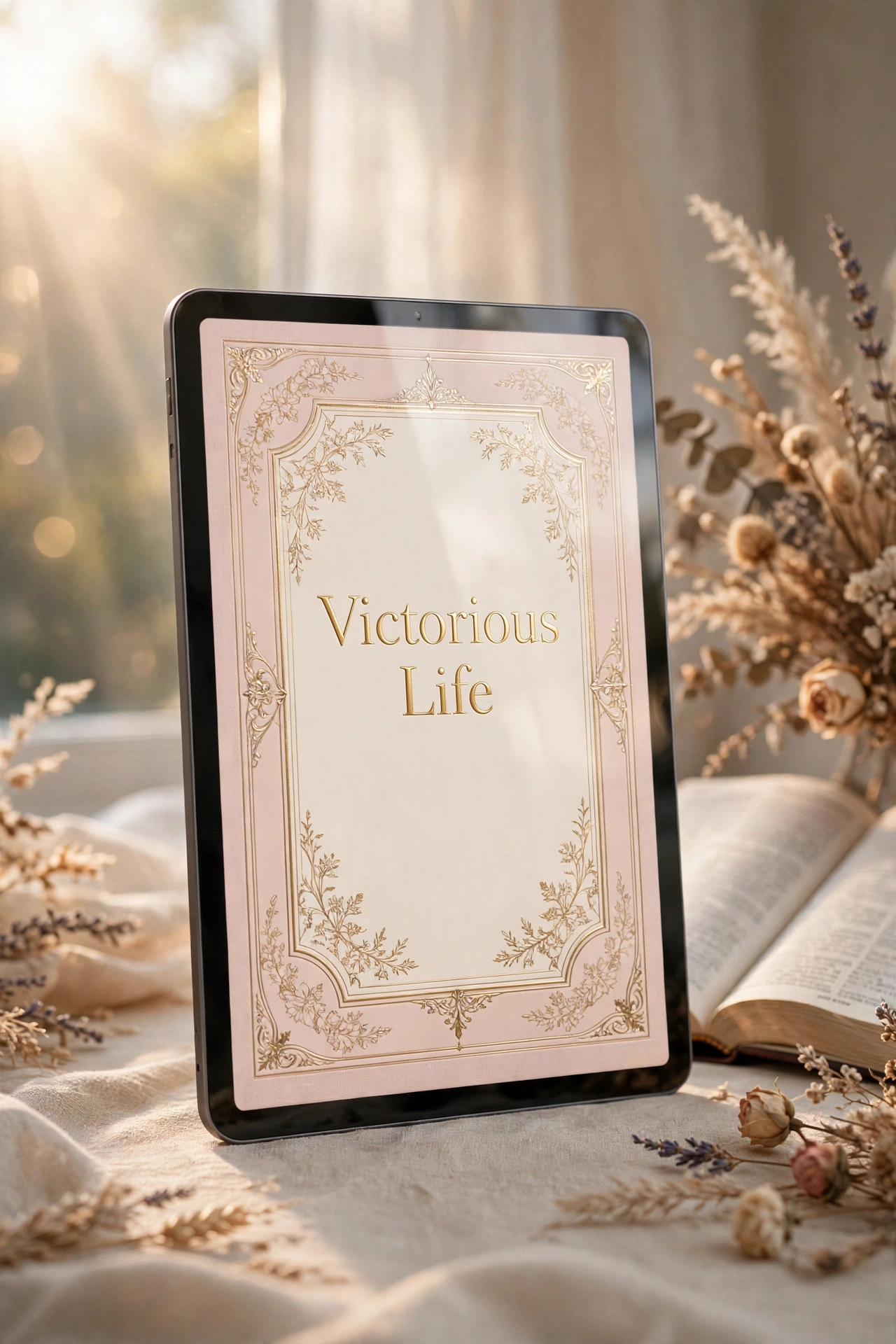 Pacote devocional Vida Vitoriosa exibido em um tablet